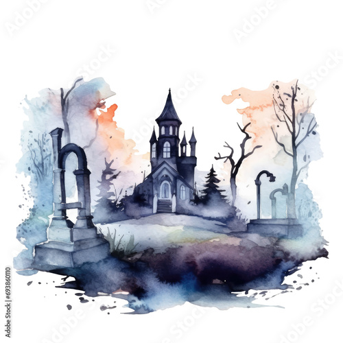 Spooky Watercolor Haunted Graveyard with Gothic Chapel Illustration on Transparent Background