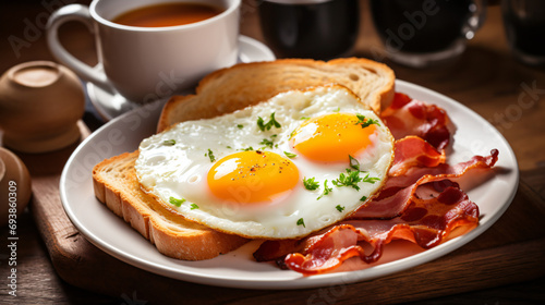 Tasty breakfast with two eggs bacon