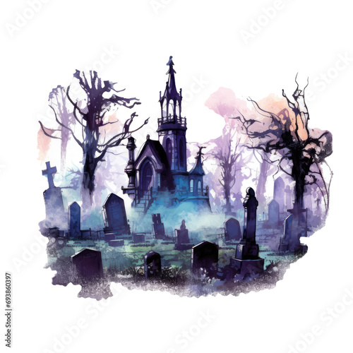 Spooky Watercolor Haunted Graveyard with Gothic Chapel Illustration on Transparent Background