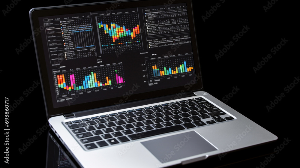 The laptop lies on the table on a black background. selective focus. Generative AI, The laptop lies on the table on a black background. selective focus. Generative AI,