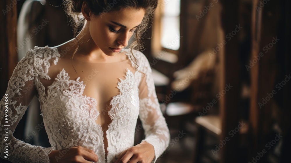 Fototapeta premium Bridal dress fitting, attention to detail