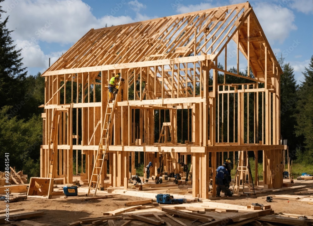 Fototapeta premium Home construction. The frame of the house. Cottage.