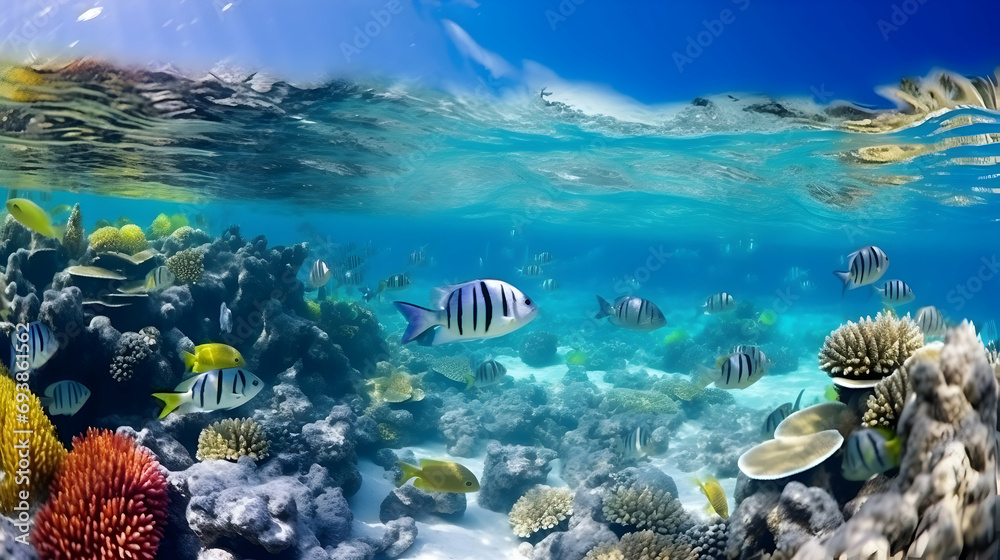 Naklejka premium Vivid underwater scene with diverse tropical fish near coral reef under sunlit water surface