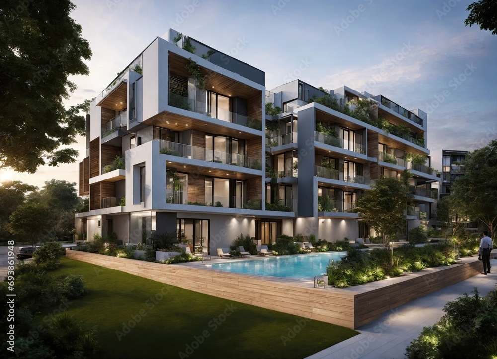 Facade of a modern multi-storey residential building Facade of a modern multi-storey residential building