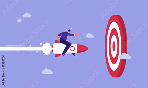 Target audience and powerful marketing strategy, businessman riding rocket missile to a big target, motivation or challenge to achieve success