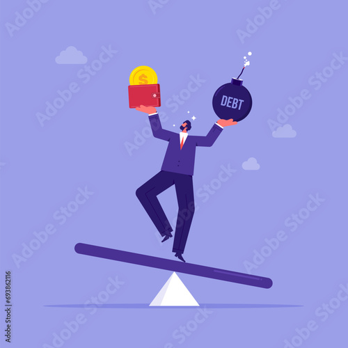 Personal financial management, smart calculation for wealthy life concept, balancing between debt payoff and income salary, businessman balancing himself on seesaw with debt bomb and money wallet