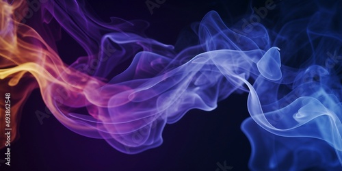 煙や水の中のインクの質感の抽象テンプレート。ダーク横長背景にオレンジ・青・紫の流動体