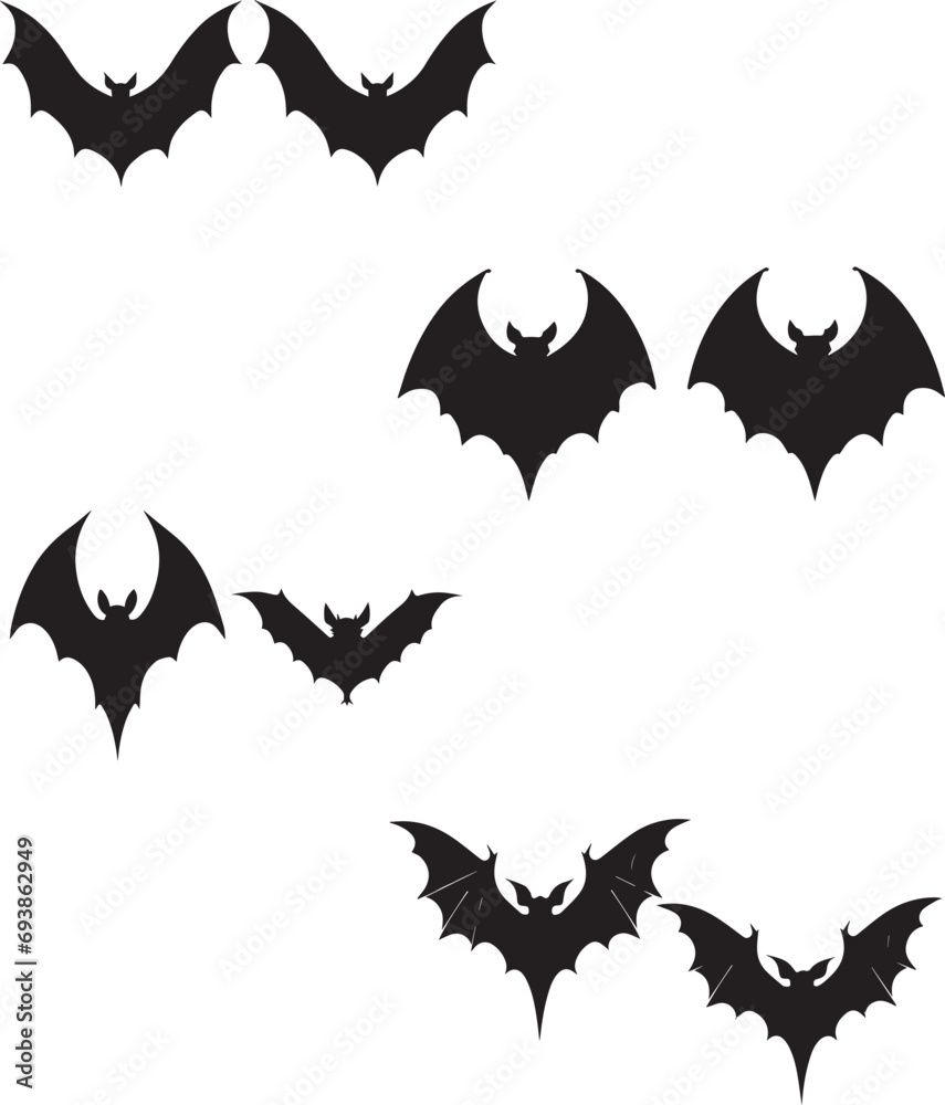 Set of cartoon black bat on white background Set of cartoon black bat on white background