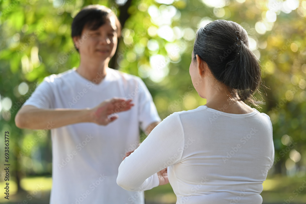 Asian senior couple doing Qigong exercises in the park. Healthy lifestyle concept.