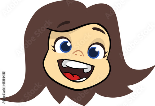 Cartoon small dark hair girl. .Vector illustration of young teenager outlined. Boy head drawing
