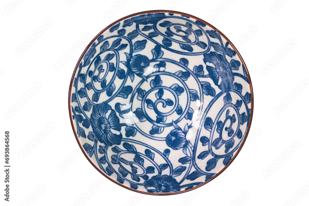 Top view of blue pattern ceramic bowl deep bottom with black edge isolated on white background with clipping path. Top view of blue pattern ceramic bowl deep bottom with black edge isolated on white background with clipping path.