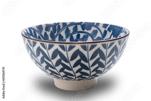 Side view of blue pattern ceramic bowl deep bottom with black edge isolated on white background with clipping path.
