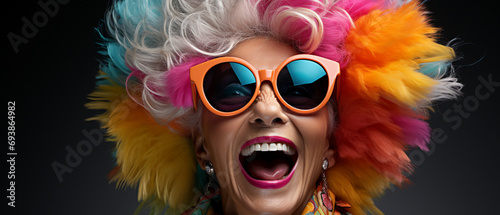 Modischer Stil: Buntes Neon-Outfit und strahlendes Lächeln einer Seniorin