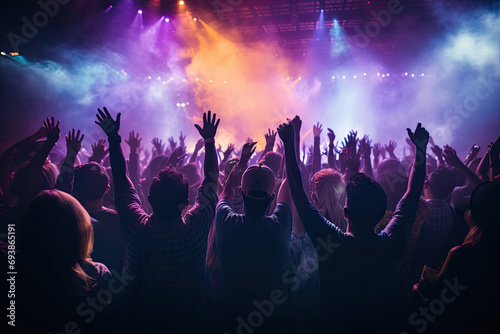 people from behind with their hands up, dancing at a concert under neon lights. Night party.