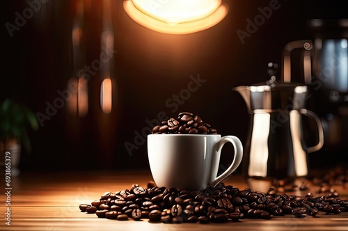 Coffee cup and saucer on a table. Dark background.