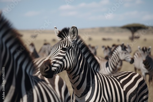 African savannah groups zebras animals. Group of black and white striped coat safari mammals. Generate ai