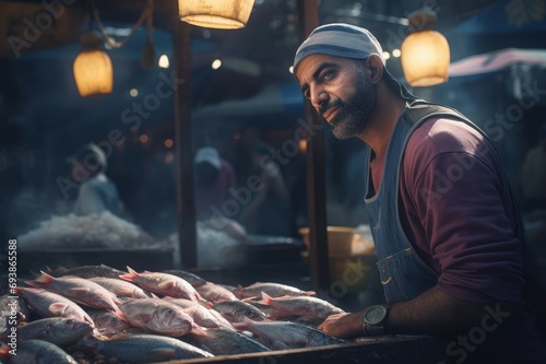 Arabian fish seller market. Eastern fisherman trading seafood on bazaar. Generate ai photo