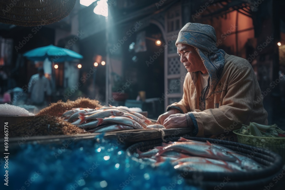 Arabian fish seller bazaar stall. Eastern merchant fishmonger on traditional marketplace. Generate ai - obrazy, fototapety, plakaty 