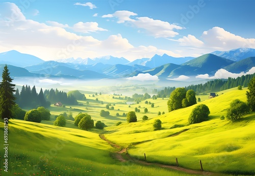 a green field with trees and mountains in the background © Ilie