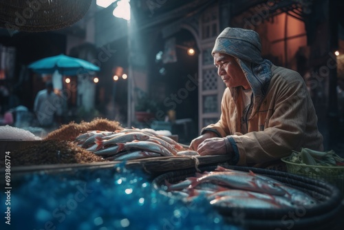 Arabian fish seller bazaar stall. Eastern merchant fishmonger on traditional marketplace. Generate ai