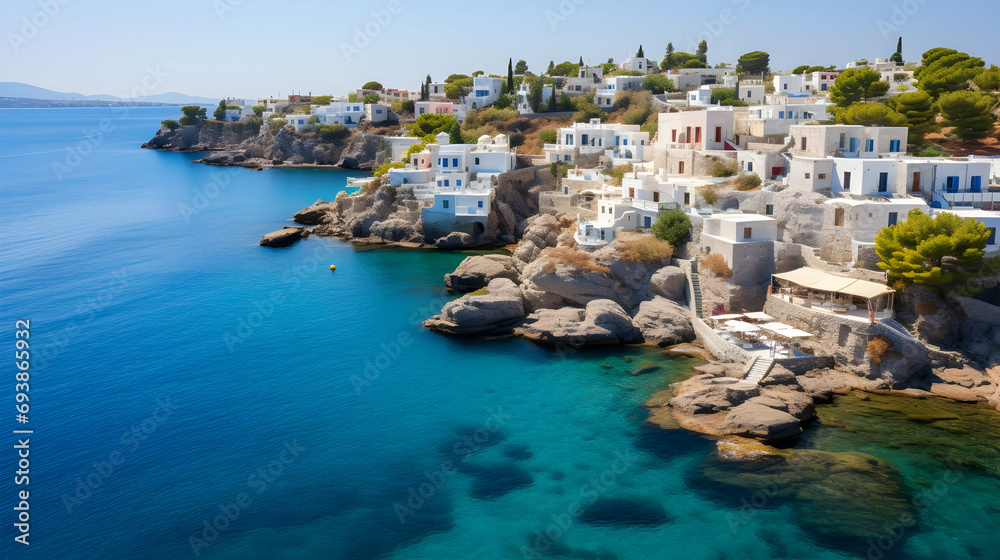 Aegean island village on rocky coastline, clear blue waters