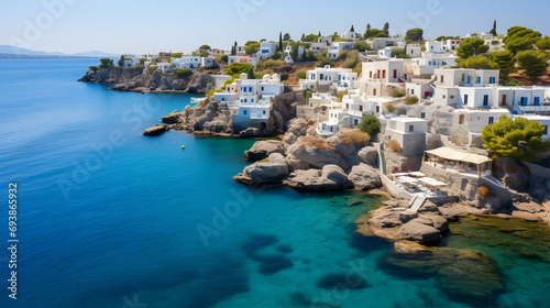 Aegean island village on rocky coastline, clear blue waters photo