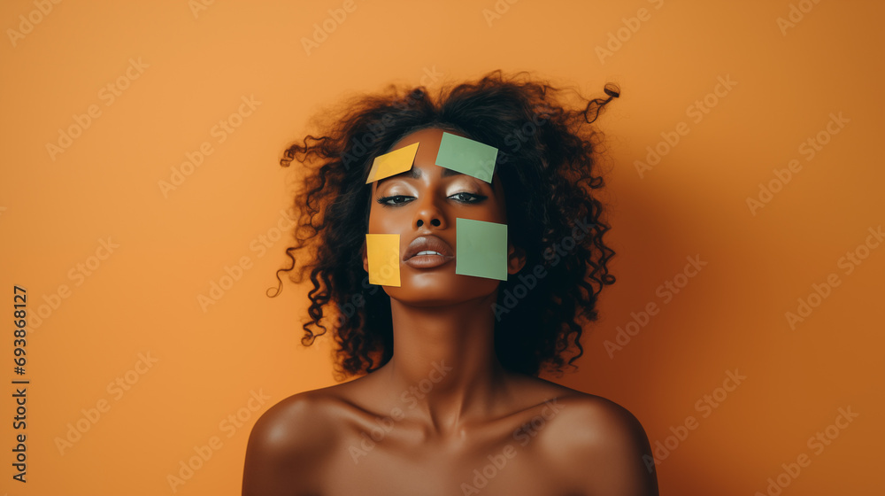 A young woman with paper stickers on her face. Concept of labels imposed by society. - obrazy, fototapety, plakaty 