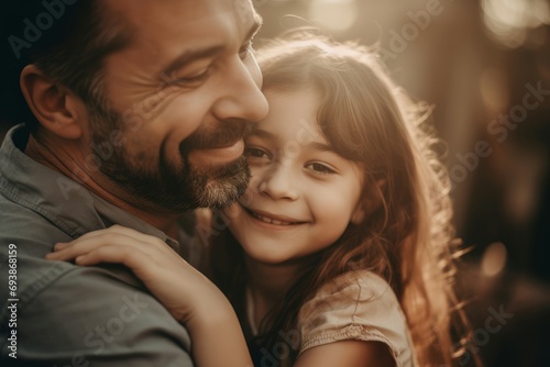 Smiling daughter hugging her happy dad. Bonding lovely child with joyful father moment. Generate ai