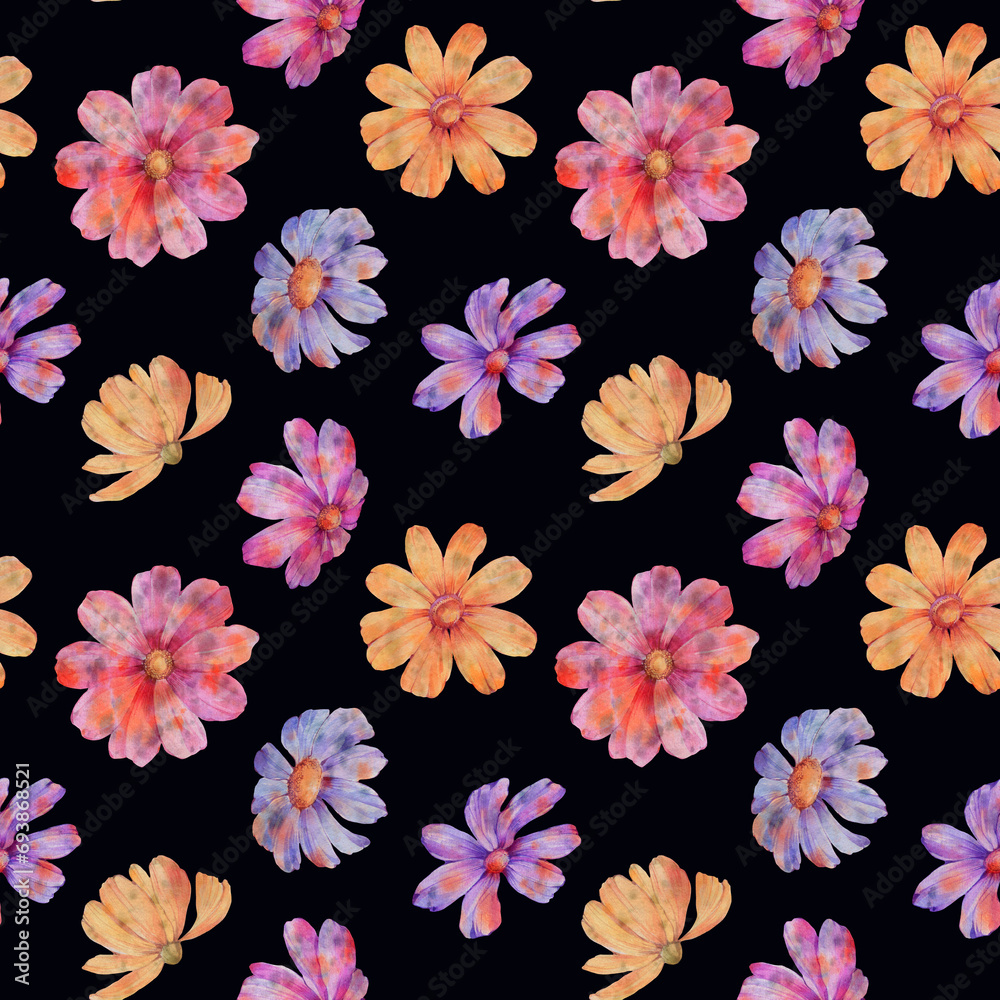colorful flowers on a dark background, drawn in watercolor, seamless pattern