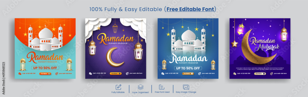set of Ramadan and eid festival sale offer editable social media post banners, traditional islamic religious Instagram post ads pack, website banner and islamic background design bundle
 - obrazy, fototapety, plakaty 