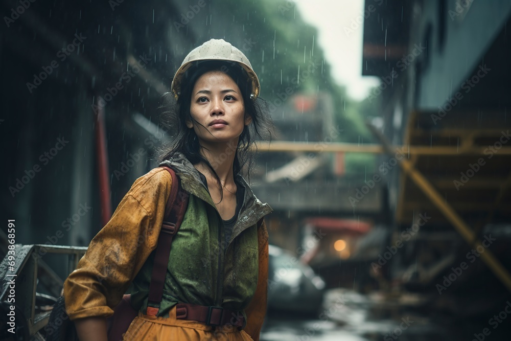 asian woman working in protective suit tirelessly in the rain asian woman working in protective suit tirelessly in the rain