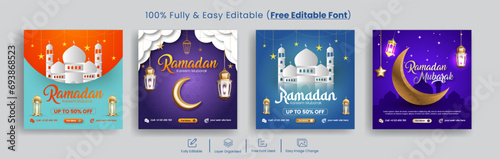 set of Ramadan and eid festival sale offer editable social media post banners, traditional islamic religious Instagram post ads pack, website banner and islamic background design bundle 