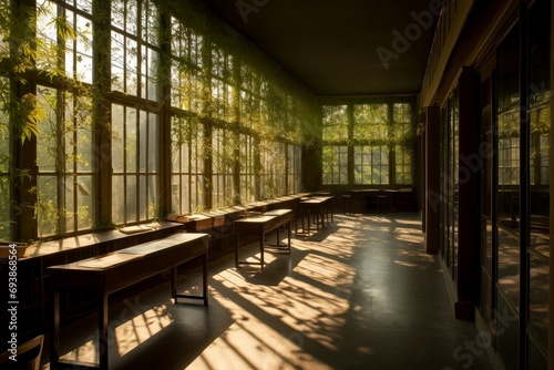 Empty room library. Building with big windows illuminated interior with sunlight. Generate ai