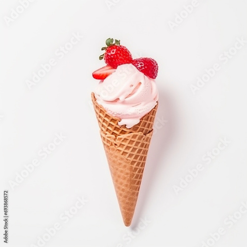 Ice cream strawberry scoop on waffle cone on white background. generative ai