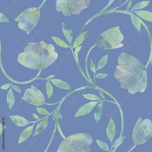 Abstract watercolor floral pattern on a blue background, seamless ornament for bright packaging design, textile, wallpaper, postcard © Sergei