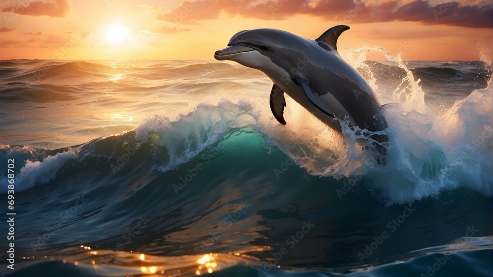Fototapeta premium Playful Dolphin Leaping out of the water Through Ocean Wave while sunset Mesmerizing Close-Up View 