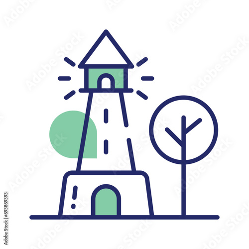 A tower containing a beacon light to warn or guide ships at sea, well designed icon of lighthouse © Creative studio 