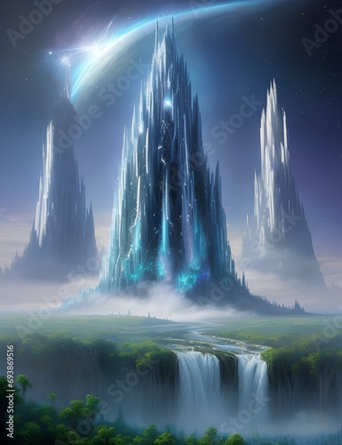 Mountain and waterfall in fantasy 
