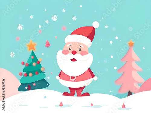 Santa claus and christmas tree on snow.Christmas greeting card