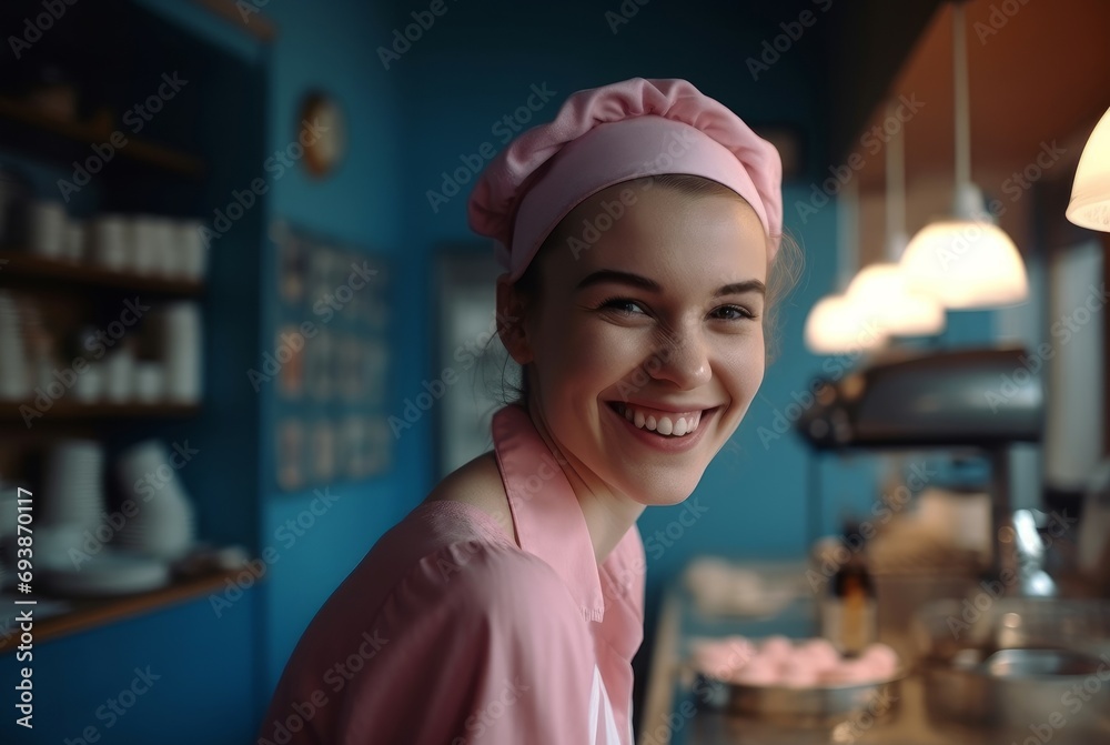 Girl in pink uniform pastry shop seller. Happy patisserie female worker trading desserts. Generate ai