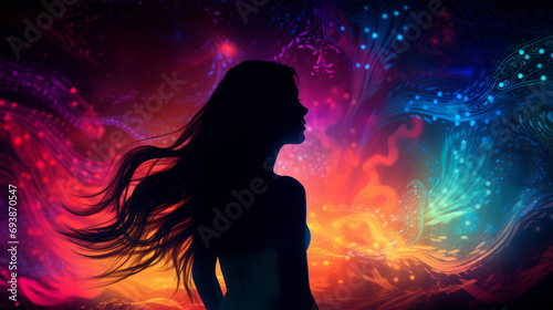 silhouette of girl illuminated by light colorful background
