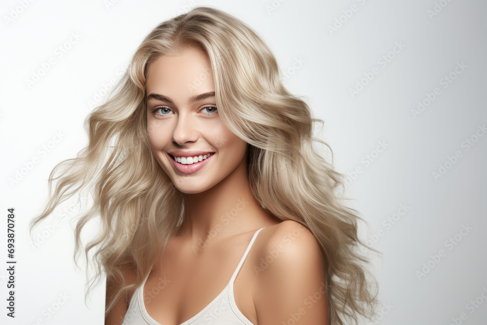 beautiful blonde hair girl with perfect skin isolated on white background