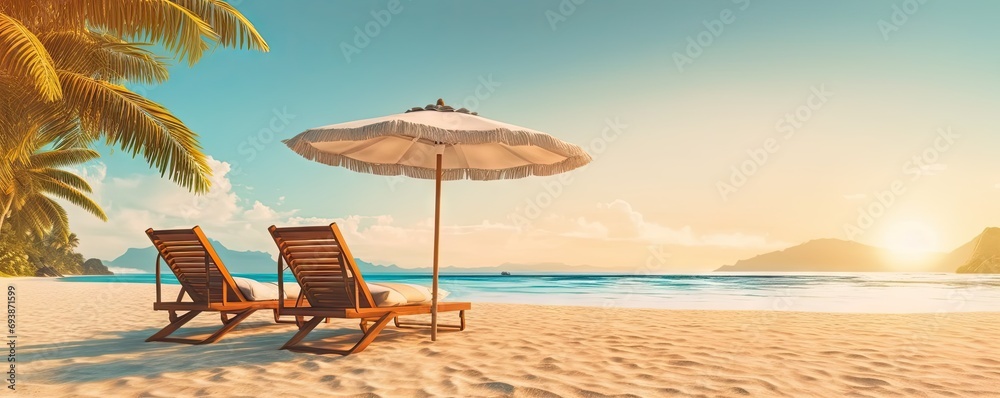 Tropical beach paradise. Serene beach scene with golden sand water and palm shade. Relaxing sunbeds and parasols are set up for perfect vacation in tropical destination during warm sunset