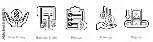 A set of 5 accounting icons as save money, balance sheet, policies