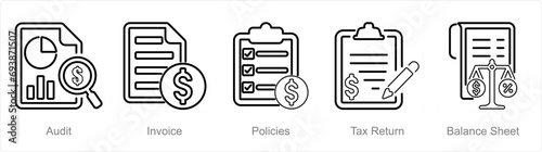 A set of 5 accounting icons as audit, income, policies