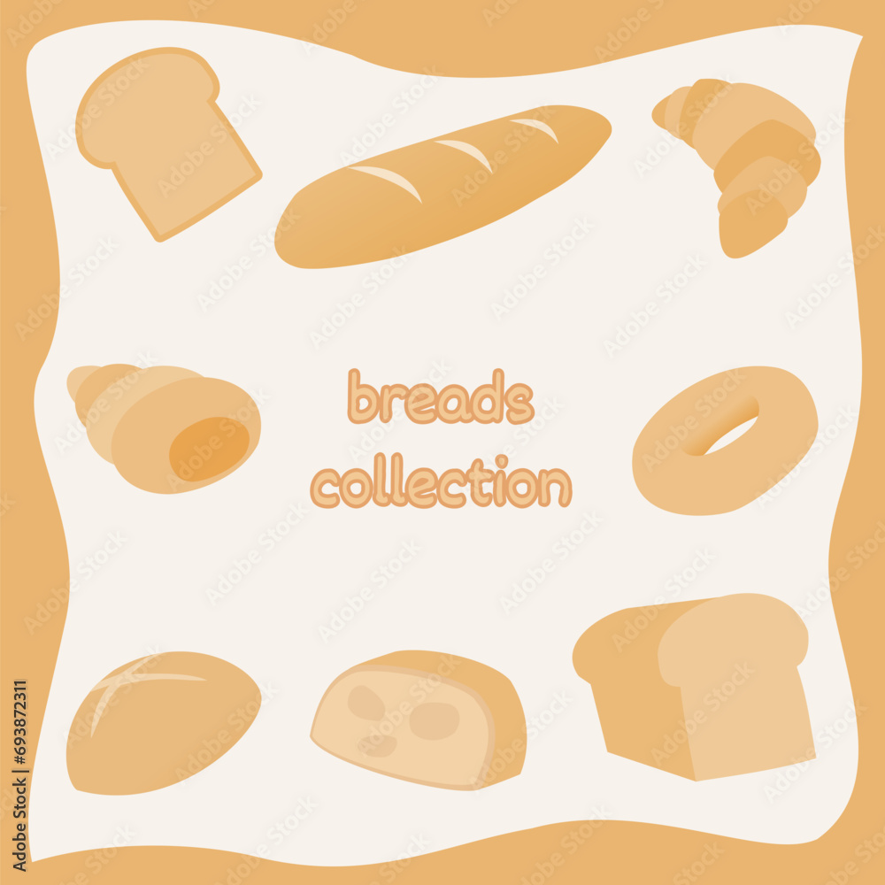 Set of cartoon food, ciabatta, whole grain bread, bagel, french baguette, croissant and so. Vector illustration. Breads collection in flat style design. Set of cartoon food, ciabatta, whole grain bread, bagel, french baguette, croissant and so. Vector illustration. Breads collection in flat style design.