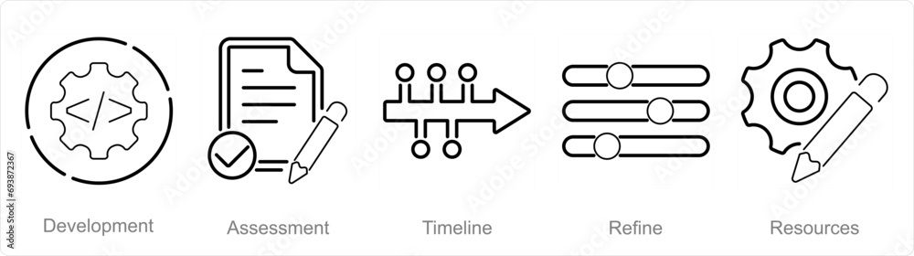 A set of 5 Action plan icons as development, assessment, timeline - obrazy, fototapety, plakaty 