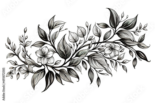 Hand drawn Hibiscus flowers with leaves isolated on white background. Pencil drawing monochrome elegant floral composition in vintage isolated on a Transparent background. Generative AI