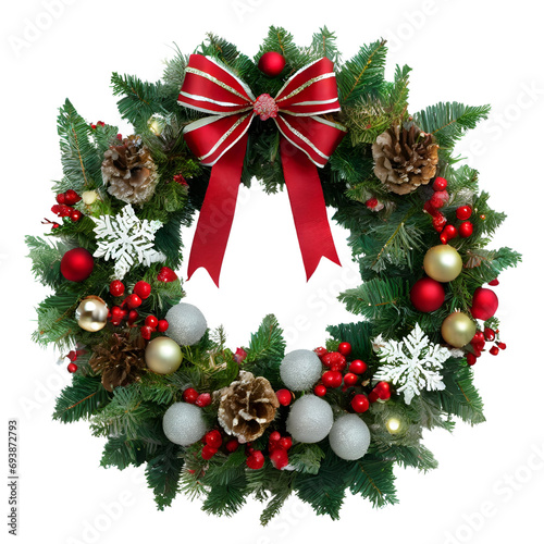 Christmas wreath with red ribbon.