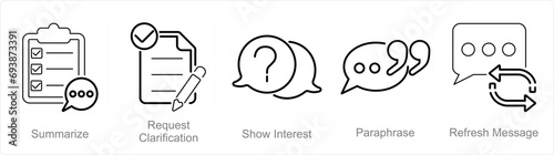 A set of 5 Active Listening icons as summarize, request clarification, show interest photo
